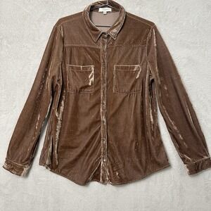 Umgee Crushed Velvet Long Sleeve Button Up Shirt Brown Boho Women's Size XL